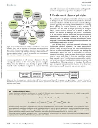 2536 | Chem. Soc. Rev., 2018, 47, 2534--2553 This journal is ©The Royal Society of Chemistry 2018
spectroscopy (Section 2) will provide a framework for the
subsequent sections of this review, that present examples
falling into the diﬀerent areas in Fig. 1 (green circles).
Indeed, such a foundation is required in order to illustrate
what EPR can measure and what information can be gained –
and thus what chemical questions may be answered.
2 Fundamental physical principles
The fundamental principles presented in this section are necessarily
in abridged form. For accessible introductory textbooks, the reader
is referred to the book edited by Brustolon and Giamello (oﬀering a
practical approach),3
the recently published EPR Oxford Chemistry
Primer (oﬀering an excellent treatment of fluid solutions in
particular)1
and the book by Hagen (focussing on biological
EPR).2
A more advanced account can be found in Weil and
Bolton,11
and the book by Schweiger and Jeschke12
is considered
to be the reference work for pulsed EPR principles and spectral
interpretation. For experimental aspects of EPR, the reader is
referred to Poole.13
In addition, the online book eMagRes14
covers
every aspect of modern EPR spectroscopy from instrumentation and
methodology to applications in detail.
Here, we have taken a qualitative approach to introduce the
fundamental physical principals. The more quantitatively-
oriented reader is referred to the text boxes that supplement
the text. In order to understand the structure and bonding of a
paramagnetic system, we need to understand the diﬀerent
magnetic interactions present as these determine the spacing
between energy levels (Box 1). From the transitions between
these magnetic energy levels (measured experimentally) energies
can be derived and used to deduce information on structure and
bonding. In the following sections, we introduce the diﬀerent
types of magnetic interactions. Note that not all of these inter-
actions are necessarily present in any one spin system.
Box 1. Calculating energy levels
The spin Hamiltonian (H0) enables calculations of the energy levels of the spin system. For a system with a single electron (or multiple strongly-coupled
electrons in a single paramagnetic centre) and l nuclear spins H0 is given by:
H0 = HEZ + HNZ + HHF + HNQ + HNN + HZFS (1a)
H0 ¼ beB0gS=
h  bn
X
l
k¼1
gn;kB0Ik=
h þ
X
l
k¼1
SAkIk þ
X
Ik 4
1
2
IkQkIk þ
X
iak
IidikIk þ SDS ð1bÞ
where the six energy terms (given in angular frequency units here) describe the electron Zeeman, nuclear Zeeman, hyperfine, nuclear quadrupole, nuclear–
nuclear and the zero-field splitting interactions, that are explained in Sections 2.1 to 2.7. In eqn (1b), variables are in italics, vectors and matrices are in bold,
be is the Bohr magneton and bn is the nuclear magneton. S (the electron spin operator with electron-spin quantum number S = n/2, where n is the number of
unpaired electrons) is analogous to I (the nuclear spin operator with nuclear-spin quantum I that depends on the nucleus) in NMR.
If more than one non-interacting paramagnetic centre is present, each centre is characterised by its own spin Hamiltonian. For interacting paramagnets
(e.g. many dimers or diradicals) additional coupling terms have to be included.
Fig. 1 Scope of EPR spectroscopy and this Tutorial Review. Green circles
represent topics that are discussed in some detail; spin-labelling (light
green) is only discussed peripherally and grey circles represent topics (e.g.
spin trapping in biology,7
EPR imaging in cardiology,8
defects in diamond,9
dosimetry applied to teeth10
) that are not discussed here. Abbreviations:
TM = transition metals, Ln = lanthanides.
Scheme 1 Flow of measurements and information in EPR. Abbreviations are as follows: T = temperature, g = gas, l = liquid, s = solid; e
= electron. For
the diﬀerent magnetic interactions see Section 2. Note that the application of EPR to liquid or solid samples prevails and gaseous example are not
discussed in this review.
Chem Soc Rev Tutorial Review
Published
on
02
March
2018.
Downloaded
by
California
State
University
at
Fresno
on
04/05/2018
16:14:13.
View Article Online
 