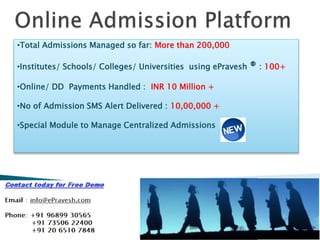 •Total Admissions Managed so far: More than 200,000 
•Institutes/ Schools/ Colleges/ Universities using ePravesh ® : 100+ 
•Online/ DD Payments Handled : INR 10 Million + 
•No of Admission SMS Alert Delivered : 10,00,000 + 
•Special Module to Manage Centralized Admissions 
 