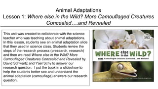 Animal Adaptations
Lesson 1: Where else in the Wild? More Camouflaged Creatures
Concealed….and Revealed
This unit was created to collaborate with the science
teacher who was teaching about animal adaptations.
In this lesson, students see an animal adaptation slide
that they used in science class. Students review the
steps of the research process (presearch, research)
and then we read Where else in the Wild? More
Camouflaged Creatures Concealed and Revealed by
David Schwartz and Yael Schy to answer our
research question. I put the book in a slideshow to
help the students better see and understand the
animal adaptation (camouflage) answers our research
question.
 