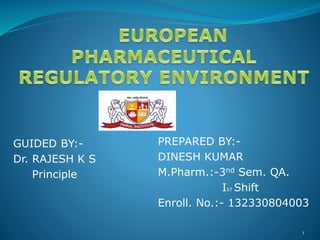 GUIDED BY:-
Dr. RAJESH K S
Principle
PREPARED BY:-
DINESH KUMAR
M.Pharm.:-3nd Sem. QA.
IST Shift
Enroll. No.:- 132330804003
1
 