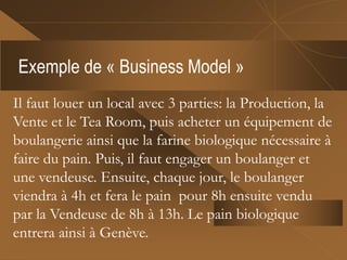 Exemple de « Business Model »
Il faut louer un local avec 3 parties: la Production, la
Vente et le Tea Room, puis acheter un équipement de
boulangerie ainsi que la farine biologique nécessaire à
faire du pain. Puis, il faut engager un boulanger et
une vendeuse. Ensuite, chaque jour, le boulanger
viendra à 4h et fera le pain pour 8h ensuite vendu
par la Vendeuse de 8h à 13h. Le pain biologique
entrera ainsi à Genève.
 