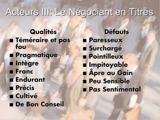 Acteurs III: Le Négociant en Titres
Qualités
n Téméraire et pas
fou
n Pragmatique
n Intègre
n Franc
n Endurant
n Précis
n Cultivé
n De Bon Conseil
Défauts
n Paresseux
n Surchargé
n Pointilleux
n Impitoyable
n Âpre au Gain
n Peu Sensible
n Pas Sentimental
 