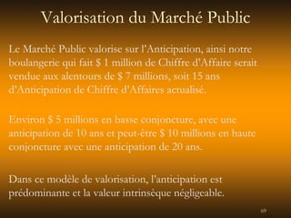 69
Valorisation du Marché Public
Le Marché Public valorise sur l’Anticipation, ainsi notre
boulangerie qui fait $ 1 million de Chiffre d’Affaire serait
vendue aux alentours de $ 7 millions, soit 15 ans
d’Anticipation de Chiffre d’Affaires actualisé.
Environ $ 5 millions en basse conjoncture, avec une
anticipation de 10 ans et peut-être $ 10 millions en haute
conjoncture avec une anticipation de 20 ans.
Dans ce modèle de valorisation, l’anticipation est
prédominante et la valeur intrinsèque négligeable.
 