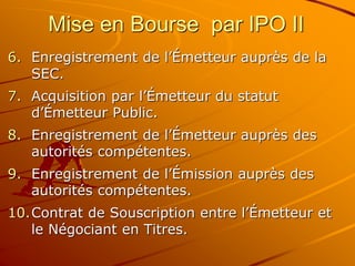 Mise en Bourse par IPO II
6. Enregistrement de l’Émetteur auprès de la
SEC.
7. Acquisition par l’Émetteur du statut
d’Émetteur Public.
8. Enregistrement de l’Émetteur auprès des
autorités compétentes.
9. Enregistrement de l’Émission auprès des
autorités compétentes.
10.Contrat de Souscription entre l’Émetteur et
le Négociant en Titres.
 