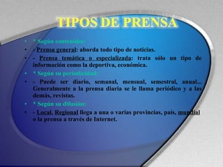 * Según contenidos: -  Prensa general : aborda todo tipo de noticias. -  Prensa temática o especializada : trata sólo un tipo de información como la deportiva, económica. * Según su periodicidad: - Puede ser diario, semanal, mensual, semestral, anual... Generalmente a la prensa diaria se le llama periódico y a las demás, revistas. * Según su difusión: -  Local ,  Regional  llega a una o varias provincias, país,  mundial   o la prensa a través de Internet. 