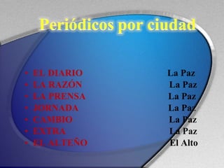 EL DIARIO   La Paz LA RAZÓN   La Paz LA PRENSA   La Paz JORNADA   La Paz CAMBIO   La Paz EXTRA   La Paz EL ALTEÑO   El Alto 