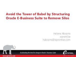 Helene Abrams
eprentise
habrams@eprentise.com
Avoid the Tower of Babel by Structuring
Oracle E-Business Suite to Remove Silos
 