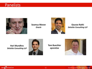 12
Panelists
Seamus Moran
Oracle
Gourav Rathi
Deloitte Consulting LLP
Hari Mundhra
Deloitte Consulting LLP
Tom Buechler
eprentise
©2018 eprentise. All rights reserved.
 
