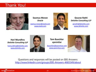 24
Thank You!
Questions and responses will be posted on EBS Answers:
http://www.linkedin.com/groups/EBS-Answers-4683349/about
Seamus Moran
Oracle
seamus.moran@oracle.com
www.oracle.com
Gourav Rathi
Deloitte Consulting LLP
gorathi@deloitte.com
www.deloitte.com
Hari Mundhra
Deloitte Consulting LLP
hamundhra@deloitte.com
www.deloitte.com
Tom Buechler
eprentise
tbuechler@eprentise.com
www.eprentise.com
©2018 eprentise. All rights reserved.
 