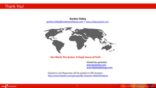 21 ©2018 ConfigSnapshot and eprentise. All rights reserved.
Thank You!
- One World, One System, A Single Source of Truth -
Gordon Halley
gordon.halley@rookerysoftware.com | www.configsnapshot.com
Hosted by eprentise:
www.eprentise.com
www.AgilityByDesign.com
Questions and Responses will be posted on EBS Answers:
http://www.linkedin.com/groups/EBS-Answers-4683349/about
 