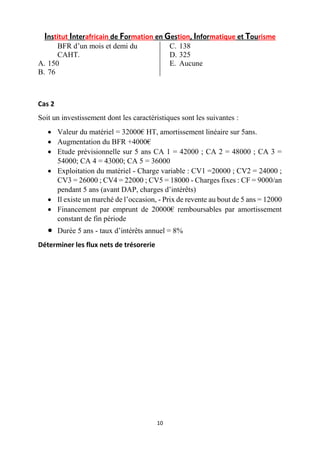Institut Interafricain de Formation en Gestion, Informatique et Tourisme
10
BFR d’un mois et demi du
CAHT.
A. 150
B. 76
C. 138
D. 325
E. Aucune
Cas 2
Soit un investissement dont les caractéristiques sont les suivantes :
 Valeur du matériel = 32000€ HT, amortissement linéaire sur 5ans.
 Augmentation du BFR +4000€
 Etude prévisionnelle sur 5 ans CA 1 = 42000 ; CA 2 = 48000 ; CA 3 =
54000; CA 4 = 43000; CA 5 = 36000
 Exploitation du matériel - Charge variable : CV1 =20000 ; CV2 = 24000 ;
CV3 = 26000 ; CV4 = 22000 ; CV5 = 18000 - Charges fixes : CF = 9000/an
pendant 5 ans (avant DAP, charges d’intérêts)
 Il existe un marché de l’occasion, - Prix de revente au bout de 5 ans = 12000
 Financement par emprunt de 20000€ remboursables par amortissement
constant de fin période
 Durée 5 ans - taux d’intérêts annuel = 8%
Déterminer les flux nets de trésorerie
 