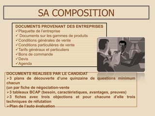 SA COMPOSITION
DOCUMENTS PROVENANT DES ENTREPRISES
Plaquette de l’entreprise
 Documents sur les gammes de produits
Conditions générales de vente
Conditions particulières de vente
Tarifs généraux et particuliers
Bons de commande
Devis
Agenda
DOCUMENTS REALISES PAR LE CANDIDAT
3 plans de découverte d’une quinzaine de questions minimum
chacun
(un par fiche de négociation-vente
3 tableaux BCAP (besoin, caractéristiques, avantages, preuves)
3 fiches avec trois objections et pour chacune d’elle trois
techniques de réfutation
Plan de l’auto évaluation
 