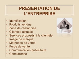 PRESENTATION DE
L’ENTREPRISE
• Identification
• Produits vendus
• Zone de chalandise
• Clientèle actuelle
• Services proposés à la clientèle
• Image de marque
• Méthodes de vente
• Force de vente
• Communication publicitaire
• Concurrence
 
