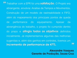 “   Trabalhar com a EPR foi uma satisfação. O Projeto era
    abrangente, envolvia: Analise de Tempos e Movimentos,
    Construção de um modelo de rastreabilidade e FIFO,
    além do mapeamento dos principais pontos de queda
    de performance do equipamento. Apesar da
    abrangência do trabalho, o projeto foi cumprido dentro
    do prazo e atingiu todos os objetivos definidos
    inicialmente. Já implementamos algumas das melhorias
    sugeridas e, além dos ganhos em controles, tivemos um
    incremento de performance de 47%.
                                                             ”
                                      Alexandre Vasques
                         Gerente de Produção, Souza Cruz
 