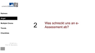 CC-BY 4.0 –
Prof. Dr. Beurskens
Rahmen
Angst
Multiple Choice
Trends
Checkliste
2 Was schreckt uns an e-
Assessment ab?
Angst
 