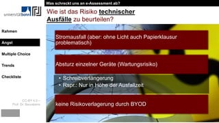 CC-BY 4.0 –
Prof. Dr. Beurskens
Rahmen
Angst
Multiple Choice
Trends
Checkliste
Wie ist das Risiko technischer
Ausfälle zu beurteilen?
Stromausfall (aber: ohne Licht auch Papierklausur
problematisch)
Absturz einzelner Geräte (Wartungsrisiko)
• Schreibverlängerung
• Rspr.: Nur in Höhe der Ausfallzeit
keine Risikoverlagerung durch BYOD
Was schreckt uns an e-Assessment ab?
Angst
 