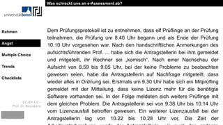 CC-BY 4.0 –
Prof. Dr. Beurskens
Rahmen
Angst
Multiple Choice
Trends
Checkliste
Dem Prüfungsprotokoll ist zu entnehmen, dass elf Prüflinge an der Prüfung
teilnahmen, die Prüfung um 8.40 Uhr begann und als Ende der Prüfung
10.10 Uhr vorgesehen war. Nach den handschriftlichen Anmerkungen des
aufsichtsführenden Prof. ... habe sich die Antragstellerin bei ihm gemeldet
und mitgeteilt, ihr Rechner sei „komisch“. Nach einer Nachschau der
Aufsicht von 8.59 bis 9.05 Uhr, bei der keine Probleme zu beobachten
gewesen seien, habe die Antragstellerin auf Nachfrage mitgeteilt, dass
wieder alles in Ordnung sei. Erstmals um 9.30 Uhr habe sich ein Mitprüfling
gemeldet mit der Mitteilung, dass keine Lizenz mehr für die benötigte
Software vorhanden sei. In der Folge meldeten sich weitere Prüflinge mit
dem gleichen Problem. Die Antragstellerin sei von 9.38 Uhr bis 10.14 Uhr
vom Lizenzausfall betroffen gewesen. Ein weiterer Lizenzausfall bei der
Antragstellerin lag von 10.22 bis 10.28 Uhr vor. Die Zeit der
Was schreckt uns an e-Assessment ab?
Angst
 