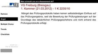 CC-BY 4.0 –
Prof. Dr. Beurskens
Rahmen
Angst
Multiple Choice
Trends
Checkliste
Mängel des Prüfungsprotokolls haben keinen selbstständigen Einfluss auf
das Prüfungsergebnis, weil die Bewertung der Prüfungsleistungen auf der
Grundlage des tatsächlichen Prüfungsgeschehens und nicht anhand des
Prüfungsprotokolls erfolgt.
VG Freiburg (Breisgau)
1. Kammer (21.03.2012) - 1 K 2235/10
Was schreckt uns an e-Assessment ab?
Angst
 