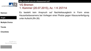 CC-BY 4.0 –
Prof. Dr. Beurskens
Rahmen
Angst
Multiple Choice
Trends
Checkliste
Es besteht kein Anspruch auf Nachteilsausgleich in Form eines
Hausarbeitsexamens bei Vorliegen einer Phobie gegen Klausuranfertigung
unter Aufsicht.(Rn.26)
VG Bremen
1. Kammer (20.07.2015), Az. 1 K 257/14
Was schreckt uns an e-Assessment ab?
Angst
 