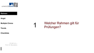 CC-BY 4.0 –
Prof. Dr. Beurskens
Rahmen
Angst
Multiple Choice
Trends
Checkliste
1 Welcher Rahmen gilt für
Prüfungen?
Rahmen
 