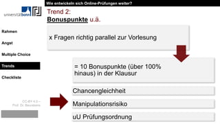 CC-BY 4.0 –
Prof. Dr. Beurskens
Rahmen
Angst
Multiple Choice
Trends
Checkliste
Trend 2:
Bonuspunkte u.ä.
x Fragen richtig parallel zur Vorlesung
= 10 Bonuspunkte (über 100%
hinaus) in der Klausur
Chancengleichheit
Manipulationsrisiko
uU Prüfungsordnung
Wie entwickeln sich Online-Prüfungen weiter?
Trends
 