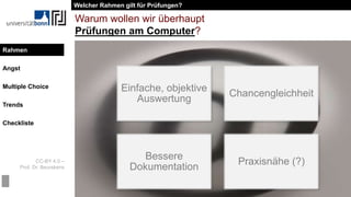 CC-BY 4.0 –
Prof. Dr. Beurskens
Rahmen
Angst
Multiple Choice
Trends
Checkliste
Warum wollen wir überhaupt
Prüfungen am Computer?
Einfache, objektive
Auswertung
Chancengleichheit
Bessere
Dokumentation
Praxisnähe (?)
Welcher Rahmen gilt für Prüfungen?
Rahmen
 