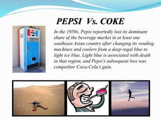 In the 1950s, Pepsi reportedly lost its dominant
share of the beverage market in at least one
southeast Asian country after changing its vending
machines and coolers from a deep regal blue to
light ice blue. Light blue is associated with death
in that region, and Pepsi’s subsequent loss was
competitor Coca-Cola’s gain.
PEPSI Vs. COKE
 