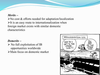 Merits –
No cost & efforts needed for adaptation/localization
It is an easy route to internationalization when
foreign market exists with similar domestic
characteristics
Demerits –
 No full exploitation of IB
opportunities worldwide
Main focus on domestic market
 