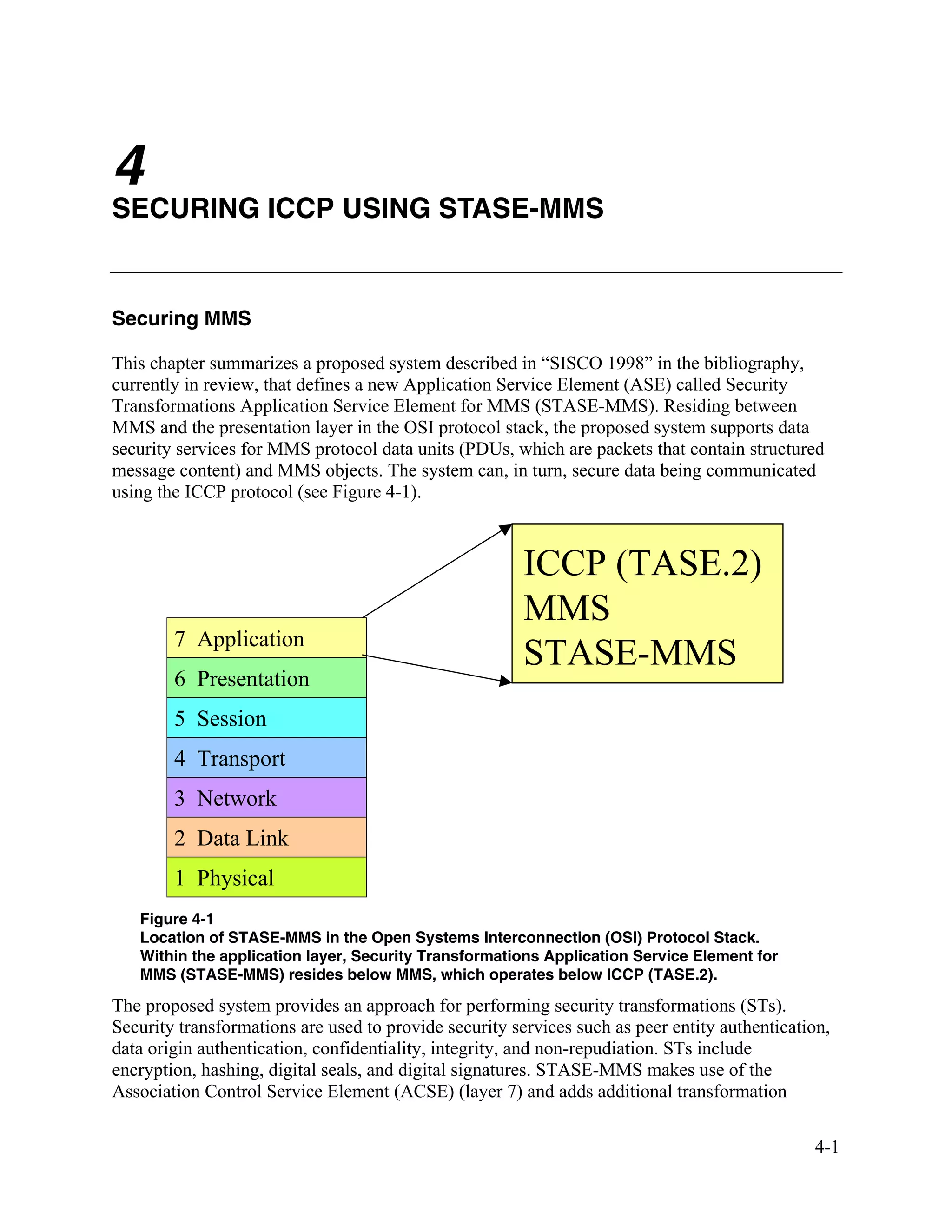 4-1
4
SECURING ICCP USING STASE-MMS
Securing MMS
This chapter summarizes a proposed system described in “SISCO 1998” in the bibliography,
currently in review, that defines a new Application Service Element (ASE) called Security
Transformations Application Service Element for MMS (STASE-MMS). Residing between
MMS and the presentation layer in the OSI protocol stack, the proposed system supports data
security services for MMS protocol data units (PDUs, which are packets that contain structured
message content) and MMS objects. The system can, in turn, secure data being communicated
using the ICCP protocol (see Figure 4-1).
1 Physical
7 Application
6 Presentation
5 Session
4 Transport
3 Network
2 Data Link
1 Physical
7 Application
6 Presentation
5 Session
4 Transport
3 Network
2 Data Link
ICCP (TASE.2)
MMS
STASE-MMS
Figure 4-1
Location of STASE-MMS in the Open Systems Interconnection (OSI) Protocol Stack.
Within the application layer, Security Transformations Application Service Element for
MMS (STASE-MMS) resides below MMS, which operates below ICCP (TASE.2).
The proposed system provides an approach for performing security transformations (STs).
Security transformations are used to provide security services such as peer entity authentication,
data origin authentication, confidentiality, integrity, and non-repudiation. STs include
encryption, hashing, digital seals, and digital signatures. STASE-MMS makes use of the
Association Control Service Element (ACSE) (layer 7) and adds additional transformation
 