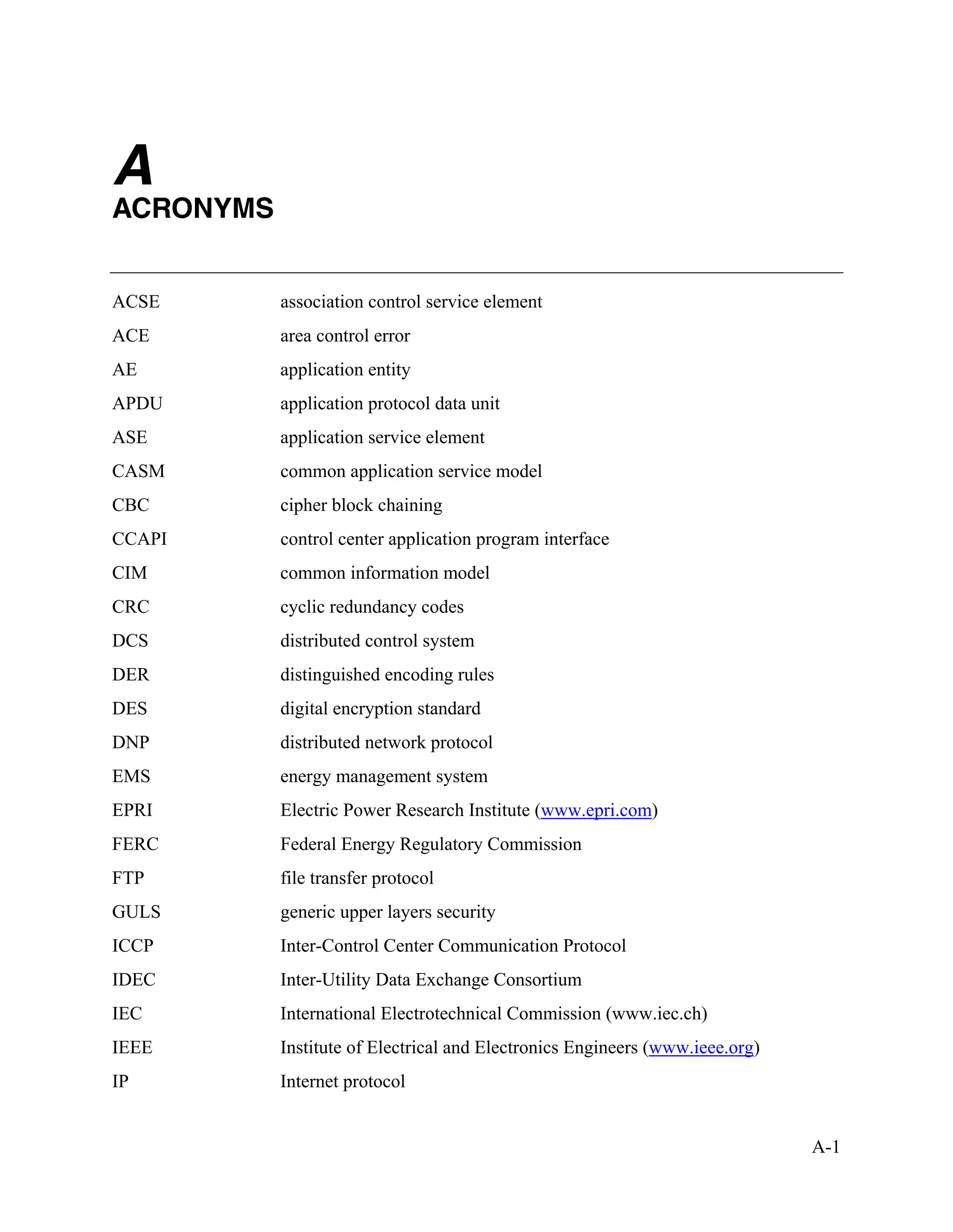 A-1
A
ACRONYMS
ACSE association control service element
ACE area control error
AE application entity
APDU application protocol data unit
ASE application service element
CASM common application service model
CBC cipher block chaining
CCAPI control center application program interface
CIM common information model
CRC cyclic redundancy codes
DCS distributed control system
DER distinguished encoding rules
DES digital encryption standard
DNP distributed network protocol
EMS energy management system
EPRI Electric Power Research Institute (www.epri.com)
FERC Federal Energy Regulatory Commission
FTP file transfer protocol
GULS generic upper layers security
ICCP Inter-Control Center Communication Protocol
IDEC Inter-Utility Data Exchange Consortium
IEC International Electrotechnical Commission (www.iec.ch)
IEEE Institute of Electrical and Electronics Engineers (www.ieee.org)
IP Internet protocol
 