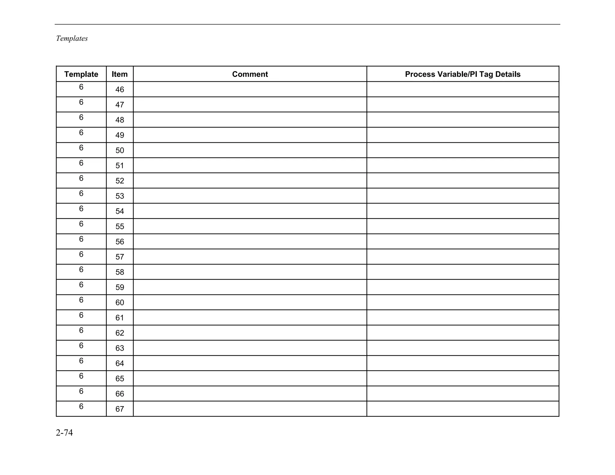 Templates
2-74
Template Item Comment Process Variable/PI Tag Details
6 46
6 47
6 48
6 49
6 50
6 51
6 52
6 53
6 54
6 55
6 56
6 57
6 58
6 59
6 60
6 61
6 62
6 63
6 64
6 65
6 66
6 67
11534825
 