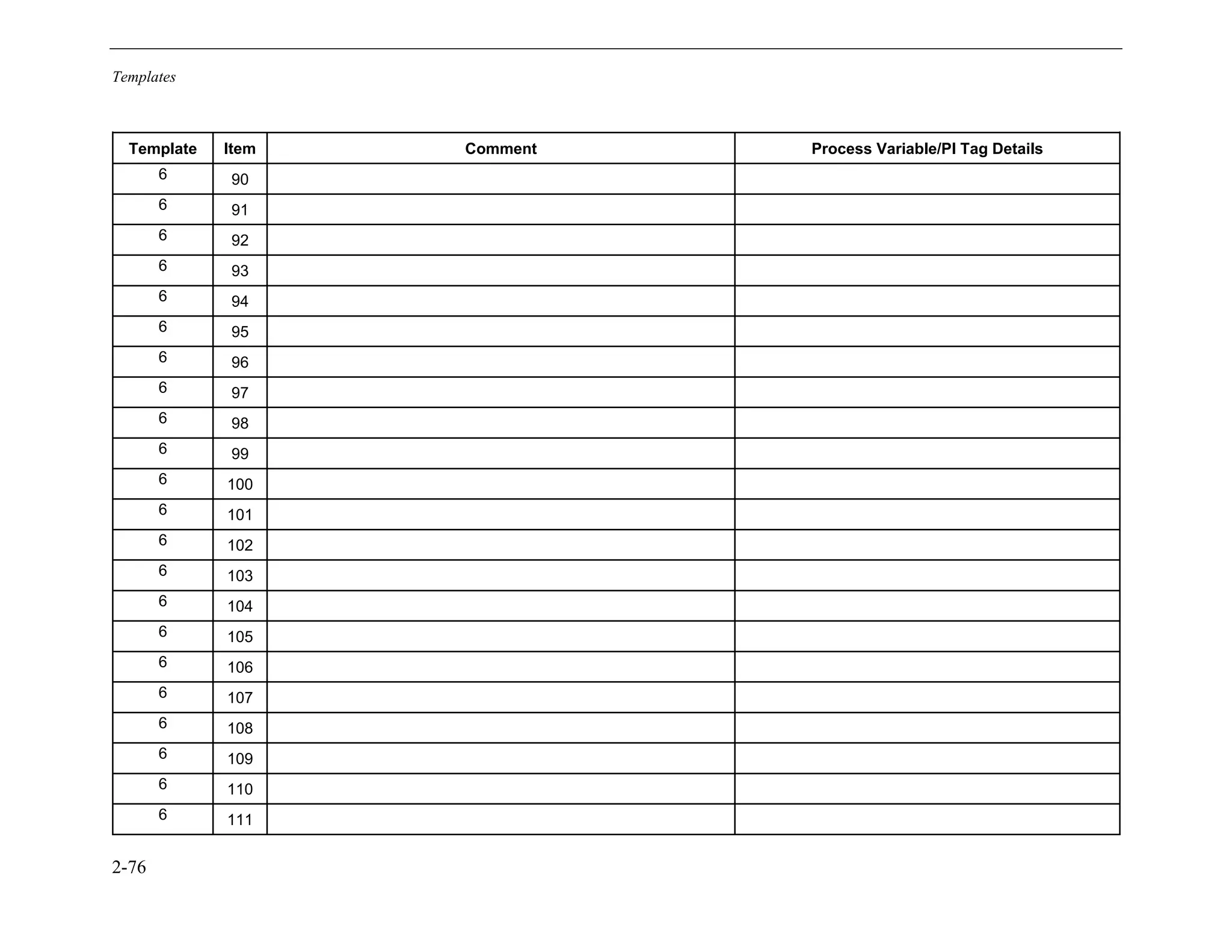 Templates
2-76
Template Item Comment Process Variable/PI Tag Details
6 90
6 91
6 92
6 93
6 94
6 95
6 96
6 97
6 98
6 99
6 100
6 101
6 102
6 103
6 104
6 105
6 106
6 107
6 108
6 109
6 110
6 111
11534825
 