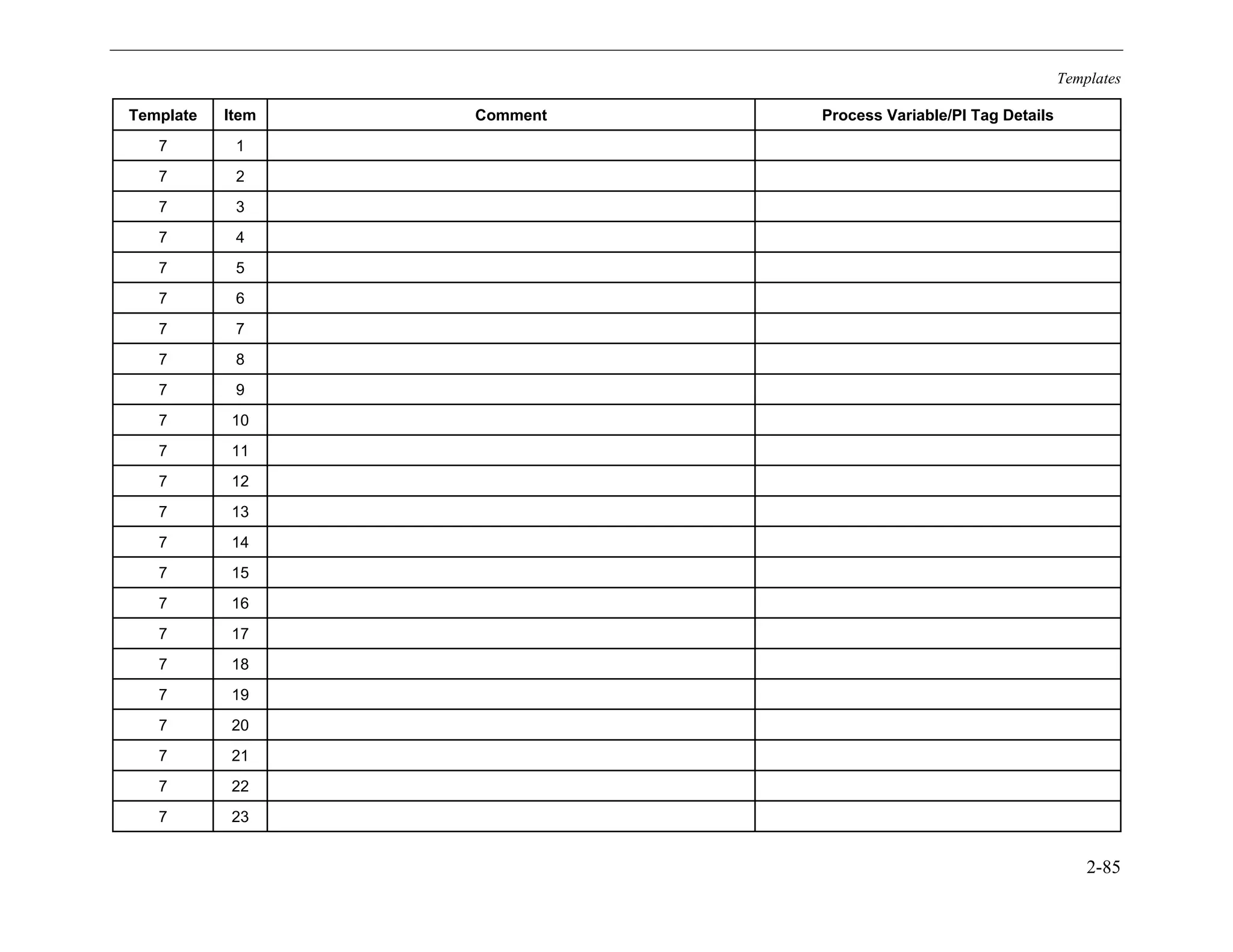 Templates
2-85
Template Item Comment Process Variable/PI Tag Details
7 1
7 2
7 3
7 4
7 5
7 6
7 7
7 8
7 9
7 10
7 11
7 12
7 13
7 14
7 15
7 16
7 17
7 18
7 19
7 20
7 21
7 22
7 23
11534825
 