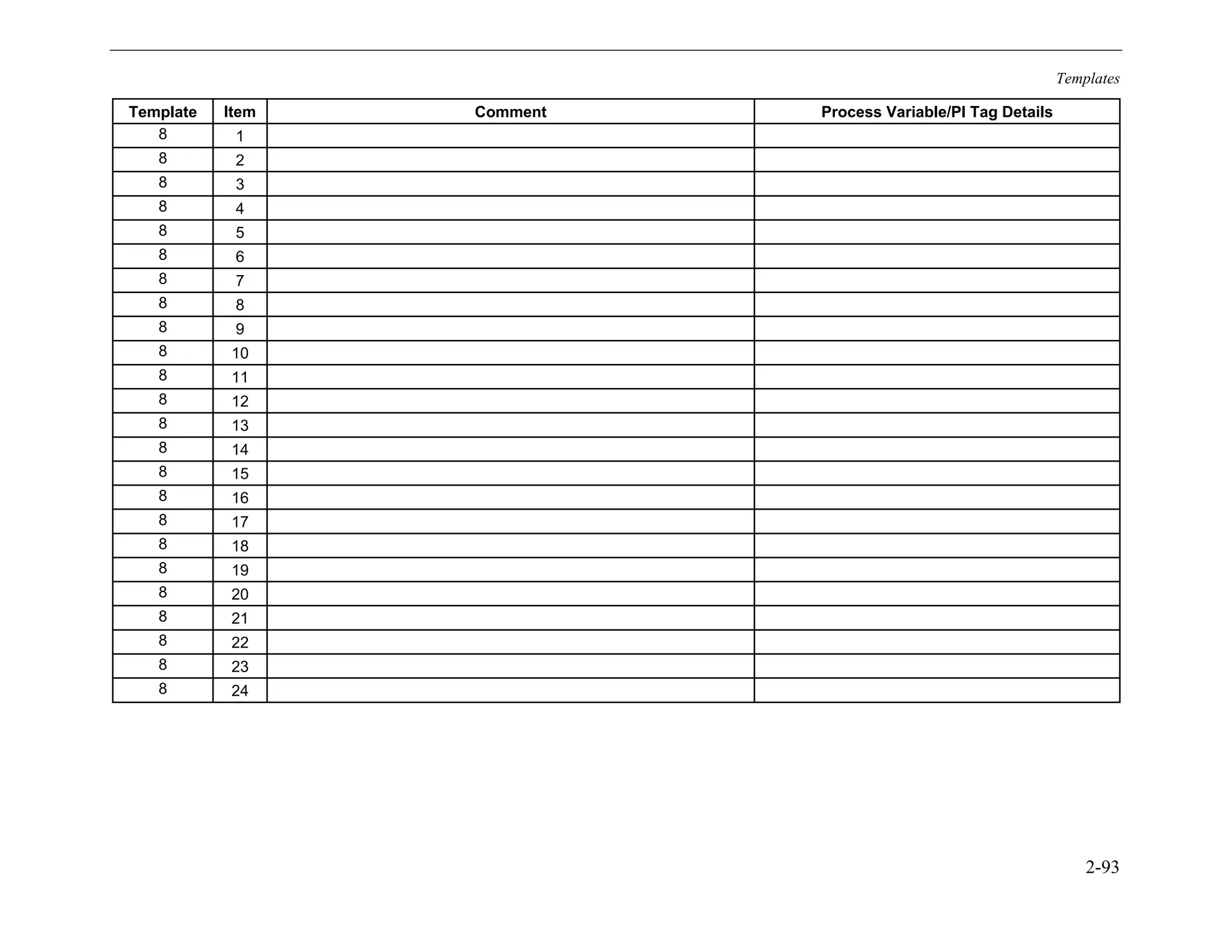 Templates
2-93
Template Item Comment Process Variable/PI Tag Details
8 1
8 2
8 3
8 4
8 5
8 6
8 7
8 8
8 9
8 10
8 11
8 12
8 13
8 14
8 15
8 16
8 17
8 18
8 19
8 20
8 21
8 22
8 23
8 24
11534825
 