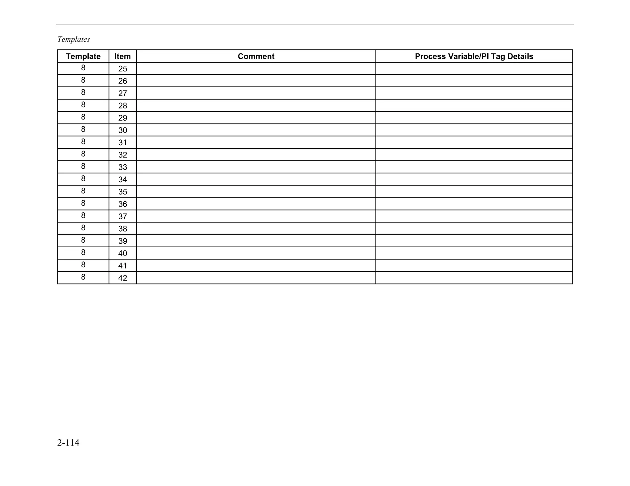 Templates
2-114
Template Item Comment Process Variable/PI Tag Details
8 25
8 26
8 27
8 28
8 29
8 30
8 31
8 32
8 33
8 34
8 35
8 36
8 37
8 38
8 39
8 40
8 41
8 42
11534825
 