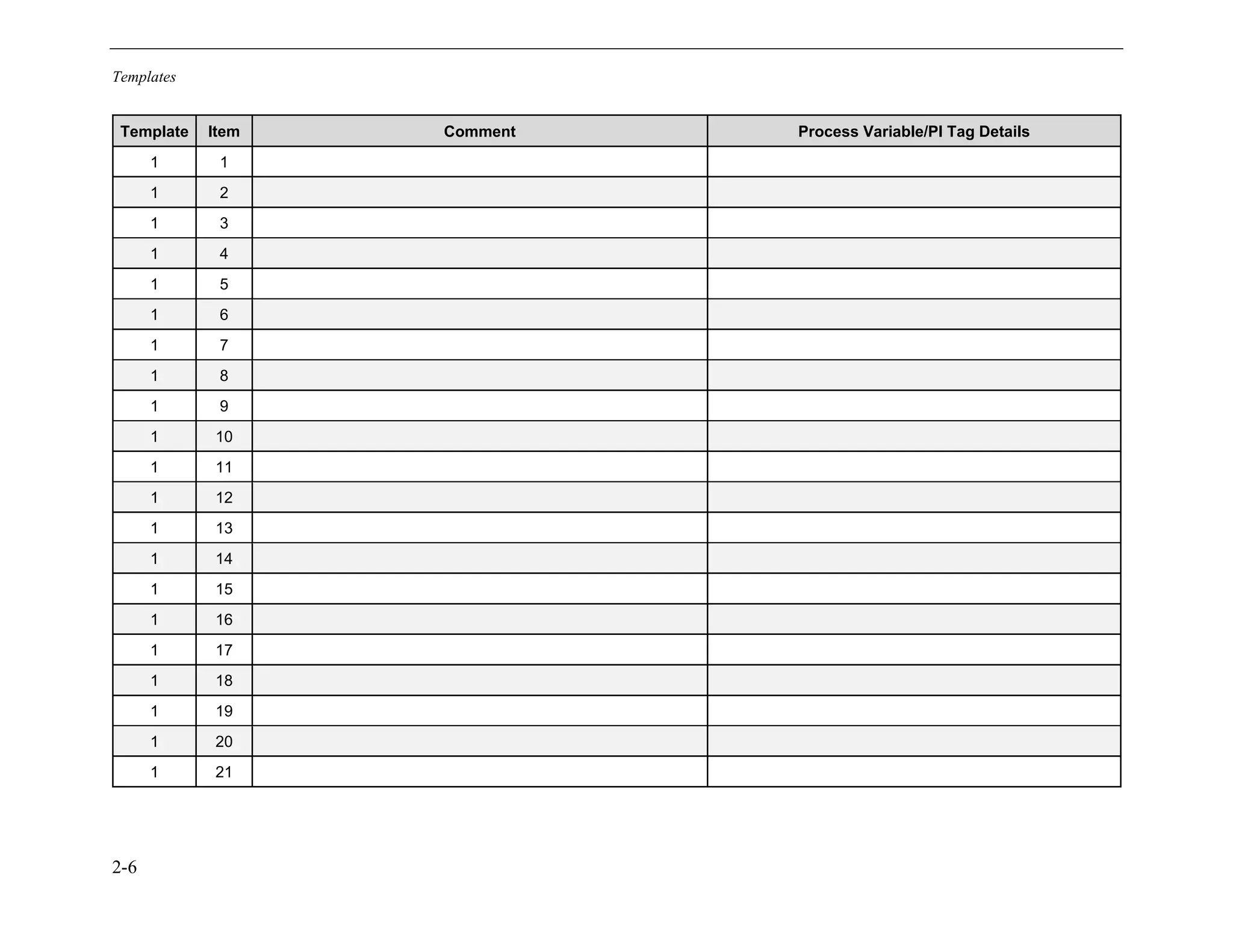 Templates
2-6
Template Item Comment Process Variable/PI Tag Details
1 1
1 2
1 3
1 4
1 5
1 6
1 7
1 8
1 9
1 10
1 11
1 12
1 13
1 14
1 15
1 16
1 17
1 18
1 19
1 20
1 21
11534825
 