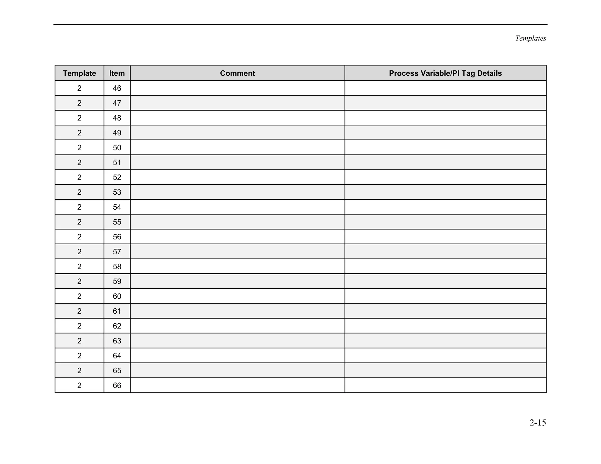 Templates
2-15
Template Item Comment Process Variable/PI Tag Details
2 46
2 47
2 48
2 49
2 50
2 51
2 52
2 53
2 54
2 55
2 56
2 57
2 58
2 59
2 60
2 61
2 62
2 63
2 64
2 65
2 66
11534825
 