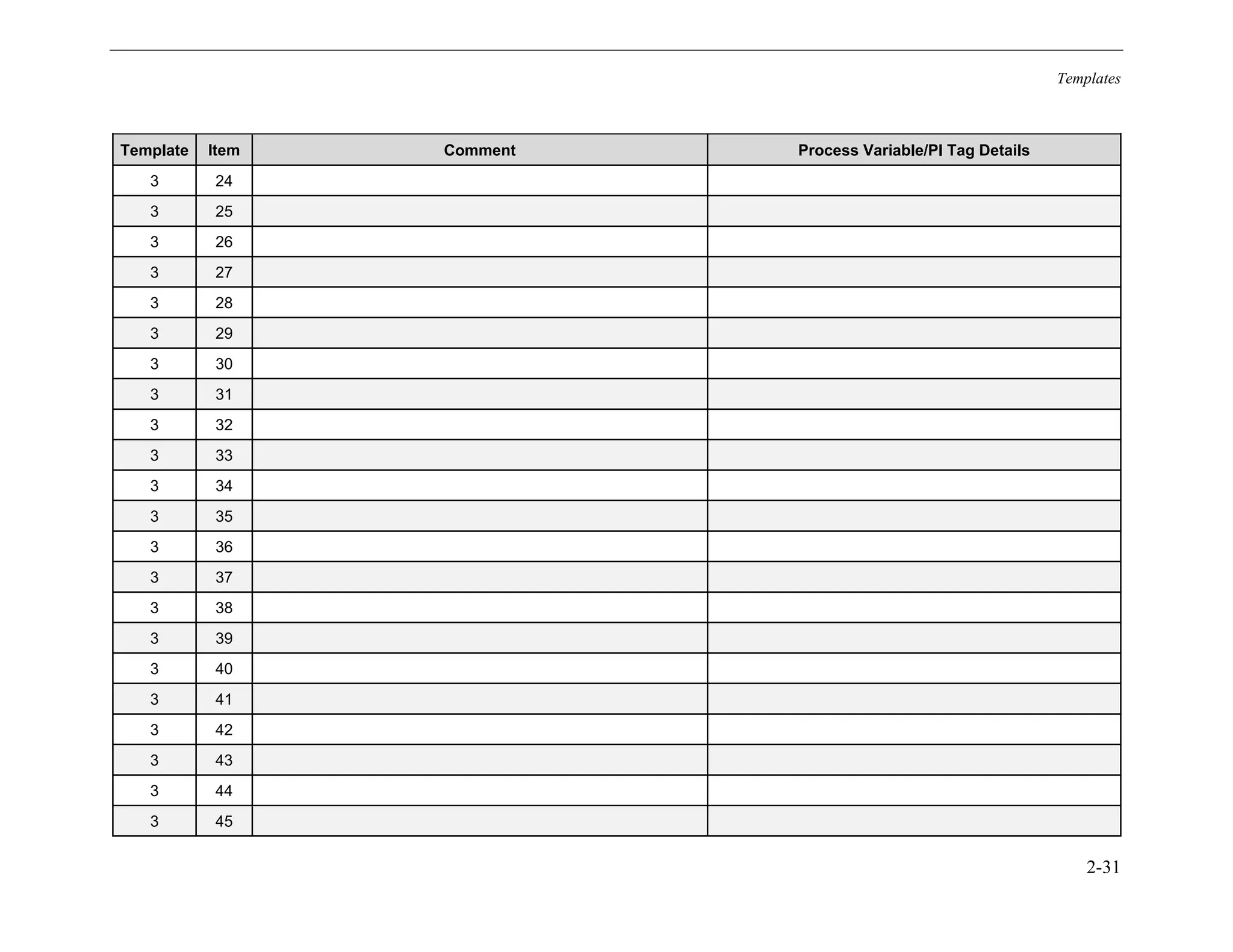 Templates
2-31
Template Item Comment Process Variable/PI Tag Details
3 24
3 25
3 26
3 27
3 28
3 29
3 30
3 31
3 32
3 33
3 34
3 35
3 36
3 37
3 38
3 39
3 40
3 41
3 42
3 43
3 44
3 45
11534825
 