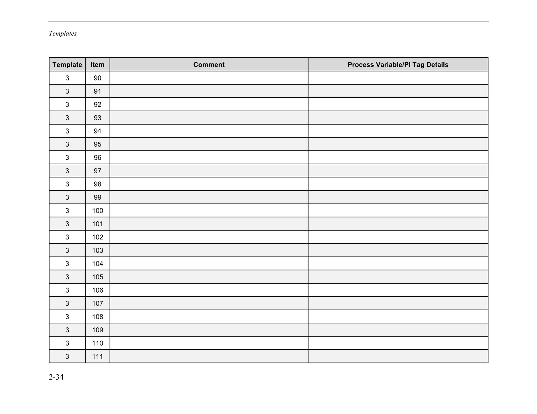 Templates
2-34
Template Item Comment Process Variable/PI Tag Details
3 90
3 91
3 92
3 93
3 94
3 95
3 96
3 97
3 98
3 99
3 100
3 101
3 102
3 103
3 104
3 105
3 106
3 107
3 108
3 109
3 110
3 111
11534825
 