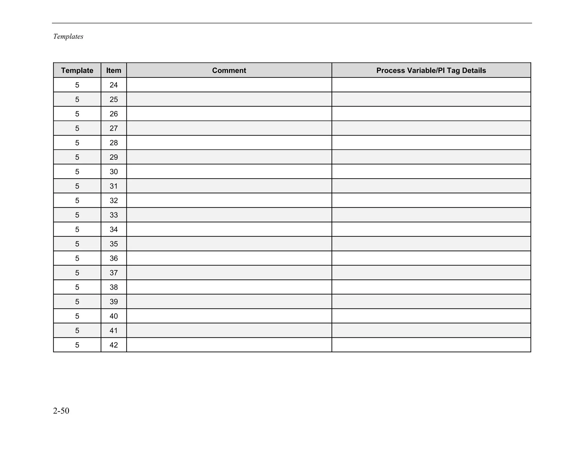 Templates
2-50
Template Item Comment Process Variable/PI Tag Details
5 24
5 25
5 26
5 27
5 28
5 29
5 30
5 31
5 32
5 33
5 34
5 35
5 36
5 37
5 38
5 39
5 40
5 41
5 42
11534825
 