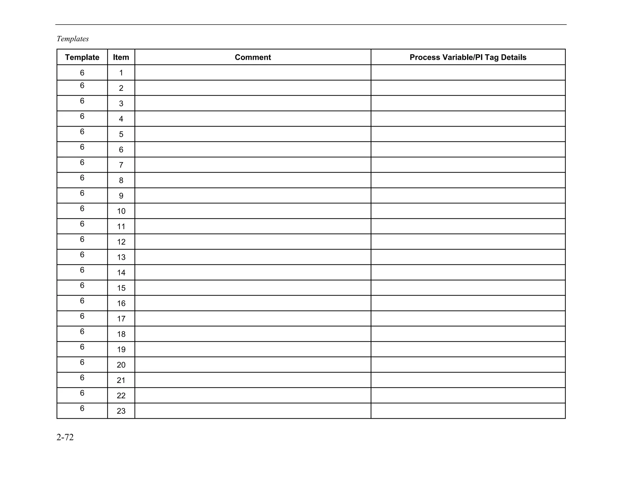 Templates
2-72
Template Item Comment Process Variable/PI Tag Details
6 1
6 2
6 3
6 4
6 5
6 6
6 7
6 8
6 9
6 10
6 11
6 12
6 13
6 14
6 15
6 16
6 17
6 18
6 19
6 20
6 21
6 22
6 23
11534825
 