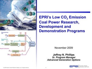 EPRI’s Low CO2 Emission
                                                                      Coal Power Research,
                                                                      Development and
                                                                      Demonstration Programs



                                                                                   November 2009

                                                                                 Jeffrey N. Phillips
                                                                                Sr. Program Manager
                                                                             Advanced Generation Options


© 2009 Electric Power Research Institute, Inc. All rights reserved.      1
 