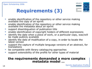 Requirements (3) enable identification of the repository or other service making available the copy of an eprint enable identification of the repository or other service making available the metadata about an eprint support disambiguation of publication title enable identification of copyright holders of different expressions identify the date when a piece of work, or a particular copy, was/will be made publicly available identify the date of modification of a copy, in order to locate the latest version support the capture of multiple language versions of an abstract, for translations be compatible with library cataloguing approaches support extensibility of the profile for other types of material the requirements demanded a more complex metadata model … 