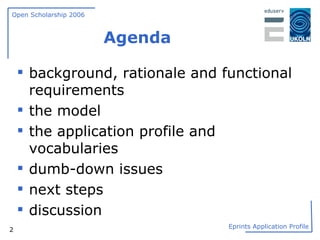 Agenda background, rationale and functional requirements  the model  the application profile and vocabularies  dumb-down issues next steps discussion 