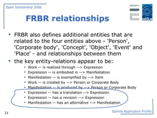 FRBR relationships FRBR also defines additional entities that are related to the four entities above - 'Person', 'Corporate body', 'Concept', 'Object', 'Event' and 'Place' - and relationships between them  the key entity-relations appear to be:  Work -- is realized through --> Expression  Expression -- is embodied in --> Manifestation  Manifestation -- is exemplified by --> Item  Work -- is created by --> Person or Corporate Body  Manifestation -- is produced by --> Person or Corporate Body  Expression -- has a translation --> Expression  Expression -- has a revision --> Expression  Manifestation -- has an alternative --> Manifestation  