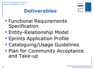 Deliverables Functional Requirements Specification Entity-Relationship Model Eprints Application Profile Cataloguing/Usage Guidelines Plan for Community Acceptance and Take-up 