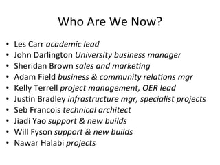 Who 
Are 
We 
Now? 
• Les 
Carr 
academic 
lead 
• John 
Darlington 
University 
business 
manager 
• Sheridan 
Brown 
sales 
and 
marke4ng 
• Adam 
Field 
business 
& 
community 
rela4ons 
mgr 
• Kelly 
Terrell 
project 
management, 
OER 
lead 
• Jus/n 
Bradley 
infrastructure 
mgr, 
specialist 
projects 
• Seb 
Francois 
technical 
architect 
• Jiadi 
Yao 
support 
& 
new 
builds 
• Will 
Fyson 
support 
& 
new 
builds 
• Nawar 
Halabi 
projects 
 