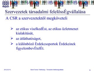 Szervezetek társadalmi felelősségvállalása A CSR a szervezetektől megköveteli  az etikus viselkedést, az etikus üzletmenet kialakítását,  az átláthatóságot, a különböző érdekcsoportok érdekeinek figyelembevételét. 