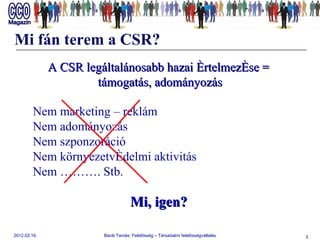 Mi fán terem a CSR? Nem marketing – reklám Nem adományozás Nem szponzoráció Nem környezetvédelmi aktivitás Nem ………. Stb. A CSR legáltalánosabb hazai értelmezése =  támogatás, adományozás Mi, igen? 