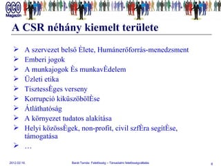 A CSR néhány kiemelt területe A szervezet belső élete, Humánerőforrás-menedzsment  Emberi jogok  A munkajogok és munkavédelem Üzleti etika  Tisztességes verseny Korrupció kiküszöbölése  Átláthatóság A környezet tudatos alakítása Helyi közösségek, non-profit, civil szféra segítése, támogatása … 
